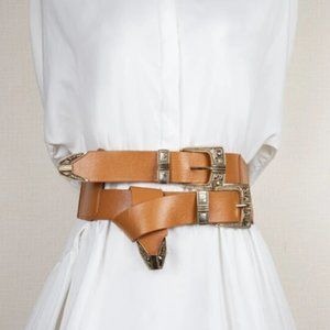 Fashion | Western Engraved Metal Buckle Vegan Leather Layered Belt